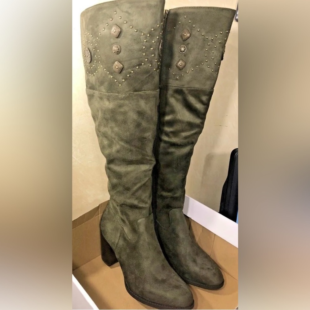Green above the knee high heel boots. Wide calf.